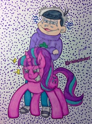 Size: 945x1280 | Tagged: safe, artist:hatsukoiart, starlight glimmer, human, pony, unicorn, g4, crossover, grin, ichimatsu, osomatsu-san, smiling, traditional art