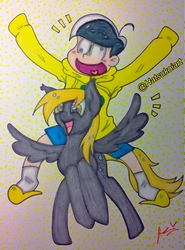 Size: 947x1280 | Tagged: safe, artist:hatsukoiart, derpy hooves, human, pegasus, pony, g4, crossover, grin, happy, jyushimatsu, osomatsu-san, riding, smiling, traditional art