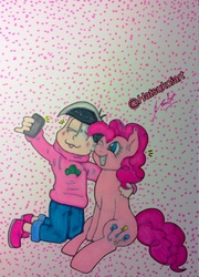 Size: 924x1280 | Tagged: safe, artist:hatsukoiart, pinkie pie, earth pony, human, pony, g4, crossover, grin, happy, osomatsu-san, selfie, smiling, todomatsu, traditional art