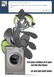 Size: 734x1046 | Tagged: safe, artist:kez, oc, oc only, oc:graphite sketch, pegasus, pony, askthegraphitesketch, crossed legs, female, mare, pun, simple background, sitting, solo, tumblr, washing machine, white background