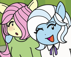 Size: 624x496 | Tagged: safe, artist:brae, fluttershy, trixie, pegasus, unicorn, anthro, g4, blushing, female, lesbian, one eye closed, selfie, shipping, smiling, trixieshy, wink