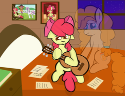 Size: 3300x2550 | Tagged: safe, artist:skyflys, apple bloom, pear butter, earth pony, ghost, pony, g4, the perfect pear, apple bloom's bow, bed, book, bow, crying, feels, female, filly, guitar, hair bow, high res, mother and daughter, music, night, pear butter's ghost, picture, sad, sitting, tire swing