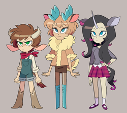 Size: 1602x1432 | Tagged: safe, artist:marreeps, arizona (tfh), oleander (tfh), velvet (tfh), classical unicorn, cow, deer, human, reindeer, them's fightin' herds, :3, community related, eared humanization, horn, horned humanization, humanized, tailed humanization