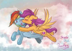 Size: 1400x1000 | Tagged: safe, artist:redheadfly, rainbow dash, scootaloo, pegasus, pony, g4, cute, female, flying, kissing, lesbian, mare, older, one eye closed, open mouth, ship:scootadash, shipping, the cmc's cutie marks