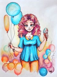 Size: 536x720 | Tagged: safe, artist:anoreshek, pinkie pie, human, g4, balloon, clothes, female, food, freckles, humanized, ice cream, solo, traditional art