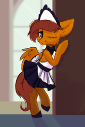 Size: 2486x3697 | Tagged: safe, artist:kebchach, oc, oc only, oc:lucky, pegasus, pony, bipedal, clothes, crossdressing, cute, high res, looking at you, maid, male, one eye closed, solo, wink