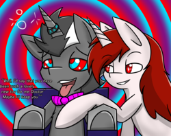 Size: 3152x2496 | Tagged: safe, artist:askhypnoswirl, oc, oc only, oc:hypno swirl, oc:milon, alicorn, pony, unicorn, ambiguous gender, dialogue, duo, high res, horn, horn ring, hypnosis, hypnotized, kaa eyes, magic suppression, male, tongue out