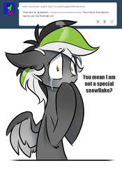 Size: 734x1046 | Tagged: safe, artist:kez, oc, oc only, oc:graphite sketch, pegasus, pony, askthegraphitesketch, crying, female, mare, simple background, solo, special snowflake, tumblr, white background