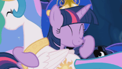 Size: 480x270 | Tagged: safe, screencap, princess celestia, princess luna, twilight sparkle, alicorn, pony, g4, princess twilight sparkle (episode), big crown thingy, gif, hug, jewelry, non-animated gif, regalia, twilight sparkle (alicorn)