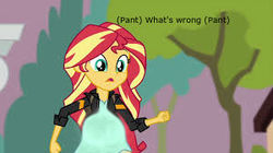 Size: 300x168 | Tagged: safe, edit, edited screencap, screencap, sunset shimmer, comic:a new change, equestria girls, g4, my little pony equestria girls: friendship games, bad edit, female, friendship games outfit, pregnant, pregnant edit, solo, teen pregnancy, text
