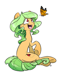 Size: 905x1157 | Tagged: safe, artist:kez, oc, oc only, oc:ladybird, butterfly, earth pony, pony, female, happy, leaf, mare, no pupils, open mouth, raised hoof, simple background, sitting, solo, white background