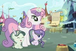 Size: 2150x1434 | Tagged: safe, artist:velveagicsentryyt, sweetie belle, oc, oc:chaos, oc:lisa, dracony, hybrid, pony, g4, aunt, aunt and nephew, aunt and niece, baby, baby pony, female, interspecies offspring, list, magic, male, offspring, parent:rarity, parent:spike, parents:sparity, scroll