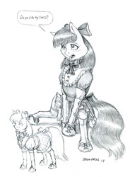 Size: 1000x1359 | Tagged: safe, artist:baron engel, apple bloom, earth pony, pony, g4, adorabloom, bow, clothes, cute, dialogue, dress, female, filly, grayscale, hair bow, monochrome, open mouth, pencil drawing, simple background, sketch, solo, speech bubble, traditional art, white background