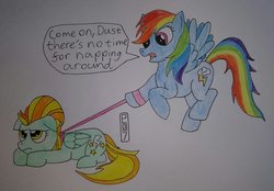 Size: 1073x745 | Tagged: safe, artist:dncsamsonart, lightning dust, rainbow dash, pegasus, pony, g4, collar, dialogue, duo, flying, leash, pet play, prone, spread wings, traditional art, unamused, wings