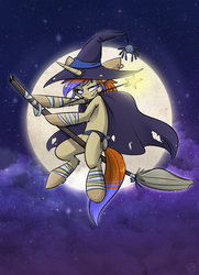 Size: 2341x3241 | Tagged: safe, artist:kez, oc, oc only, oc:kye, pony, unicorn, broom, cape, clothes, costume, flying, flying broomstick, hat, high res, lidded eyes, moon, mouth hold, night, solo, wand, witch, witch hat