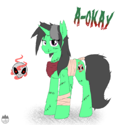 Size: 1400x1400 | Tagged: safe, artist:sanyo2100, oc, oc only, oc:a-okay, pony, unicorn, bandage, female, looking at you, mare, new cutie mark, scar, solo, stitches, tail wrap