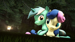 Size: 3840x2160 | Tagged: safe, artist:pointystarz, bon bon, lyra heartstrings, sweetie drops, pony, g4, 3d, duo, female, forest, high res, lesbian, ship:lyrabon, shipping, smiling