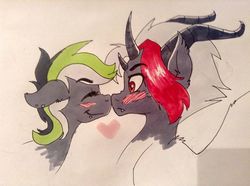 Size: 720x537 | Tagged: safe, artist:mikixthexgreat, oc, oc only, oc:graphite sketch, oc:maximum edge, pony, blushing, edgy, heart, horn, multiple horns, oc x oc, piercing, red and black oc, shipping, traditional art
