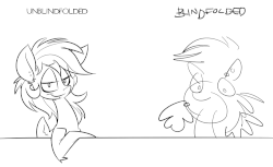 Size: 1000x613 | Tagged: safe, artist:kez, oc, oc only, oc:graphite sketch, pegasus, pony, animated, black and white, blindfold, challenge, female, gif, grayscale, mare, monochrome
