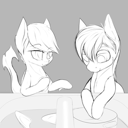 Size: 3000x3000 | Tagged: safe, artist:chapaevv, oc, oc only, oc:lightning crash, oc:ocean current, pony, cleaning, dishes, high res, monochrome, sketch
