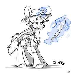 Size: 3190x3321 | Tagged: safe, artist:kez, oc, oc only, oc:steffy, pony, unicorn, helmet, high res, levitation, machete, magic, monochrome, partial color, ponytail, shield, solo, telekinesis, unshorn fetlocks