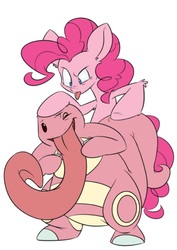 Size: 532x753 | Tagged: safe, artist:kez, pinkie pie, earth pony, lickitung, pony, g4, crossover, duo, female, looking down, mare, one eye closed, open mouth, open smile, pokémon, simple background, smiling, tongue envy, tongue out, white background