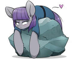 Size: 1144x904 | Tagged: safe, artist:kez, maud pie, tom, earth pony, pony, g4, big ears, blushing, cute, ear fluff, featured image, female, heart, leg fluff, lidded eyes, looking at you, mare, maudabetes, prone, rock, simple background, smiling, solo, that pony sure does love rocks, when she smiles, white background