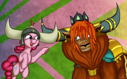 Size: 1415x877 | Tagged: safe, artist:calena, pinkie pie, prince rutherford, pony, yak, g4, not asking for trouble, abstract background, hair over eyes, helmet, honorary yak horns, hornbump, horned helmet, horns, viking helmet