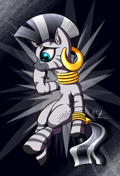 Size: 877x1280 | Tagged: safe, artist:calena, zecora, zebra, g4, abstract background, ear piercing, earring, female, gold, grin, jewelry, mare, piercing, sitting, smiling, solo, thinking
