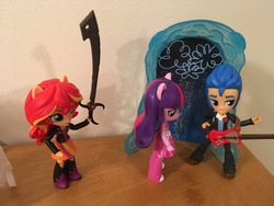 Size: 4032x3024 | Tagged: safe, artist:crazybeast, sunset shimmer, twilight sparkle, equestria girls, g4, doll, equestria girls minis, eqventures of the minis, guitar, irl, photo, sneaking, sword, toy, unsuspecting, weapon