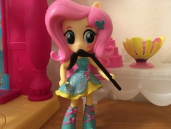 Size: 4032x3024 | Tagged: safe, artist:crazybeast, fluttershy, equestria girls, g4, cake, dance floor, doll, equestria girls minis, eqventures of the minis, facial hair, food, irl, moustache, party, photo, punch (drink), punch bowl, solo, toy