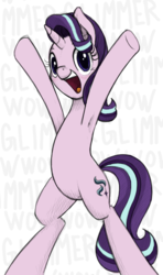 Size: 468x790 | Tagged: safe, artist:anearbyanimal, starlight glimmer, pony, unicorn, g4, armpits, bipedal, excited, female, happy, looking at you, mare, meme, open mouth, smiling, solo, underhoof, wow! glimmer