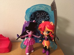 Size: 4032x3024 | Tagged: safe, artist:crazybeast, sunset shimmer, twilight sparkle, equestria girls, g4, doll, equestria girls minis, eqventures of the minis, female, friendship, irl, lesbian, photo, ship:sunsetsparkle, shipping, sword, toy, weapon