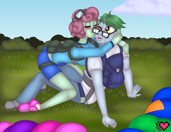 Size: 3850x2975 | Tagged: safe, artist:ladypixelheart, oc, oc only, oc:software patch, oc:windcatcher, human, equestria girls, g4, equestria girls style, equestria girls-ified, goggles, high res, humanized, kissing, parachute