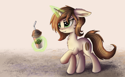 Size: 2000x1223 | Tagged: safe, artist:atlas-66, oc, oc only, pony, unicorn, coffee, drink, female, floppy ears, levitation, magic, mare, smiling, solo, telekinesis