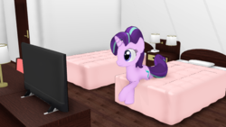 Size: 640x360 | Tagged: safe, artist:mmdkawaiiglimmery, starlight glimmer, pony, unicorn, g4, 3d, bed, cute, female, glimmerbetes, lamp, lying down, mare, solo, television