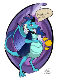 Size: 2534x3180 | Tagged: safe, artist:magnificent-arsehole, princess ember, princess luna, dragon, anthro, g4, accessory swap, belly, breasts, clothes, dragonlard ember, dragons eating horses, empred, female, fetish, high res, lunaprey, tail, tail sticking out, vore