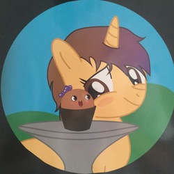 Size: 900x900 | Tagged: safe, oc, oc only, oc:potata shambles, oc:ps, pony, unicorn, blushing, bow, brown eyes, brown mane, flower pot, food, glare, happy, hill, potato, purple mane, table, tan coat