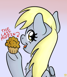 Size: 1750x2000 | Tagged: safe, artist:yakoshi, derpy hooves, pegasus, pony, g4, chest fluff, drool, female, food, gradient background, hoof hold, looking back, muffin, smiling, solo, starry eyes, underhoof, wingding eyes