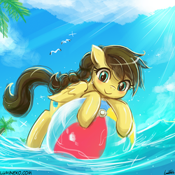 Size: 750x750 | Tagged: dead source, safe, artist:lumineko, oc, oc only, pegasus, pony, beach ball, cute, female, floating, looking at you, mare, ocbetes, sky, smiling, solo, tree, water