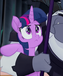Size: 332x401 | Tagged: safe, screencap, storm king, twilight sparkle, alicorn, pony, g4, my little pony: the movie, :c, cropped, female, frown, holding a pony, mare, solo focus, twilight sparkle (alicorn), twilight sparkle is not amused, unamused, villains touching twilight
