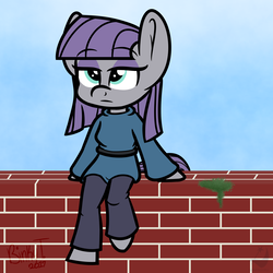 Size: 3000x3000 | Tagged: safe, artist:binkyt11, derpibooru exclusive, maud pie, earth pony, anthro, unguligrade anthro, g4, arm hooves, brick wall, female, firealpaca, high res, sitting, solo