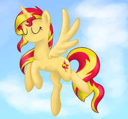 Size: 2912x2720 | Tagged: safe, artist:deannaphantom13, sunset shimmer, alicorn, pony, g4, alicornified, eyes closed, female, flying, high res, mare, race swap, shimmercorn, sky, smiling, solo