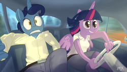 Size: 1200x675 | Tagged: safe, artist:1trick, night light, twilight sparkle, alicorn, anthro, g4, car, car interior, driving, duo, father and daughter, female, gotta go fast, male, scared, sweat, twilight sparkle (alicorn)
