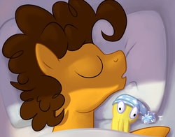 Size: 1200x941 | Tagged: safe, artist:1trick, part of a set, boneless, cheese sandwich, pony, g4, 1trickpone's sleeping ponies, bed, eyes closed, hat, male, pillow, sleeping, solo