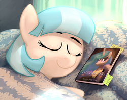 Size: 1200x941 | Tagged: safe, artist:1trick, part of a set, coco pommel, princess celestia, earth pony, pony, g4, 1trickpone's sleeping ponies, bed, book, eyes closed, female, mare, niccolò machiavelli, pillow, sleeping, solo