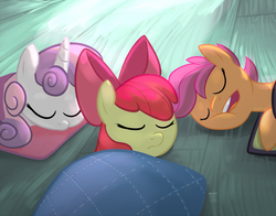Size: 1200x941 | Tagged: safe, artist:1trick, apple bloom, scootaloo, sweetie belle, earth pony, pegasus, pony, unicorn, g4, 1trickpone's sleeping ponies, apple bloom's bow, bow, cute, cutie mark crusaders, eyes closed, female, filly, hair bow, sleeping, sleeping bag, snoring