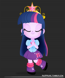 Size: 700x838 | Tagged: safe, artist:egophiliac, twilight sparkle, equestria girls, g4, beach, big crown thingy, chibi, clothes, crown, cute, eyes closed, female, jewelry, regalia, skirt, smiling, solo, tiara, twiabetes, twilight sparkle (alicorn)