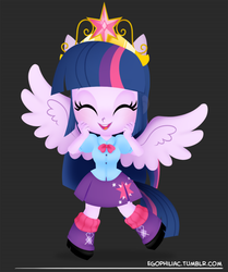 Size: 700x838 | Tagged: safe, artist:egophiliac, twilight sparkle, equestria girls, g4, big crown thingy, chibi, clothes, crown, cute, eyes closed, female, jewelry, open mouth, ponied up, regalia, skirt, smiling, solo, tail, tiara, twiabetes, twilight sparkle (alicorn), wings