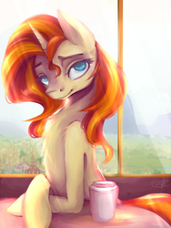 Size: 600x800 | Tagged: safe, artist:pinkymynery2212, sunset shimmer, pony, unicorn, g4, female, looking at you, mare, smiling, solo, window